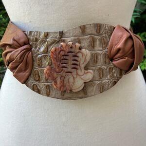 Handmade Leather Belt OOAK Tie Wrap 42" Brown  Tan Stone Croc Artsy Boho Tribal